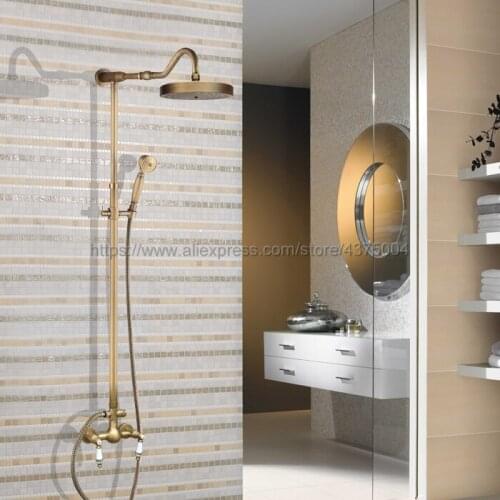 Antique Brass Wall Mount 7.7 inch Bathroom Shower Faucet Mixer Taps Dual Handle with Hand Held Shower Nan504