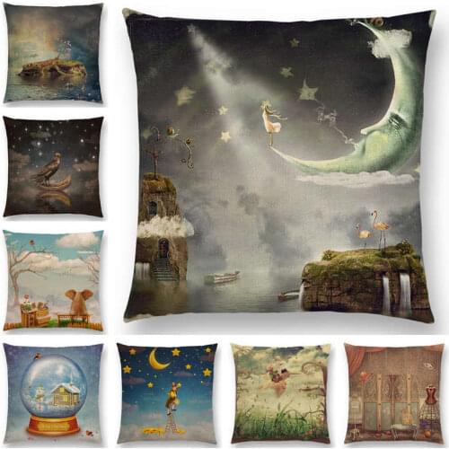Hot Sale Mysterious Imagine Animals Forest Raven Fantasy Clouds Sky Moon Stars Earth Dream Girl Prints Cushion Cover Pillow Case