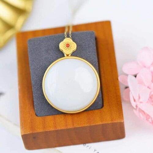 Natural Hetian white jade round brand Pendant Necklace Chinese retro palace style minority design womens festival gift