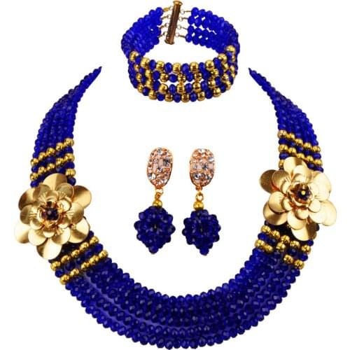 Royal Blue African Wedding Beads Necklace Jewelry Set 5LDH11
