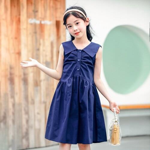Summer Childrens Lapel College Style Dress New 2021 Sleeveless Korean Girls' Dress Girls Clothes