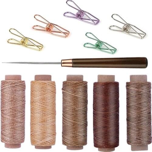 LMDZ 11Pcs Leather Sewing Wax Thread Leather Wood Handle Awl Tools And Clip Leather Craft Stitching Sewing Accessories