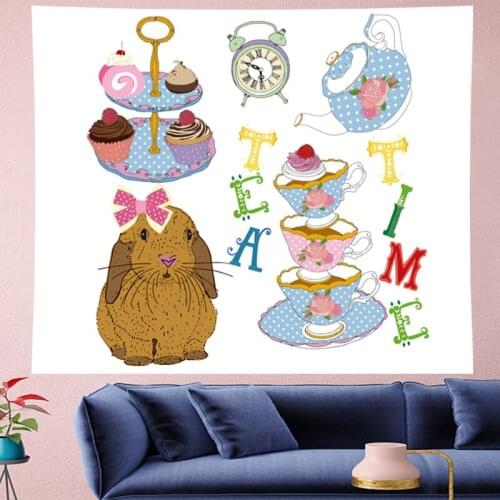 Cute rabbit dessert cartoon wall hanging tea time Tapestries kids room goblen macrame wall towel Yoga Mat Psychedelic Home decor