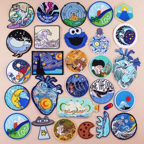DIY Van Gogh Patch Iron On Patches For Clothes Cartoon Patch Embroidered Patches For Clothing Accessories Stripe Stickers Badge