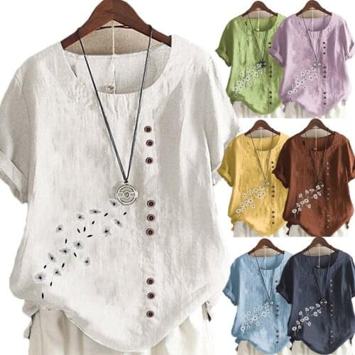 New Women Summer Casual Dandelion Print Loose T-shirts Vintage Round Neck Plus Size Short Sleeve Blouse Tops S-5XL