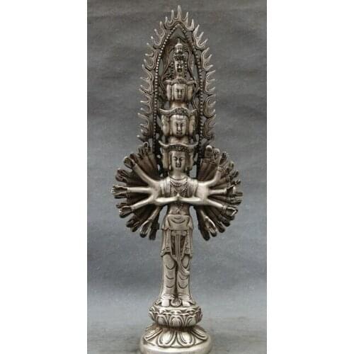 Wholesale factory 13" Chinese Tibet Silver Stand 1000 Hands Avalokitesvara Buddha Kwan-Yin Statue