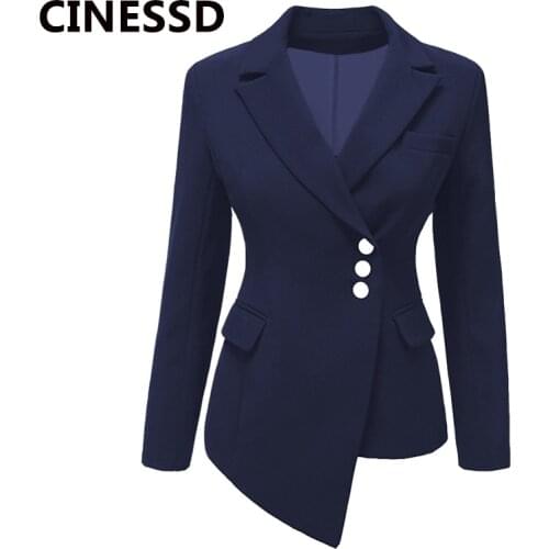 CINESSD Women Lapel Blazers Coat Solid Long Sleeve Single Breasted Office Lady Pocket Cotton Asymmetry Casual Suit Jacket Blazer