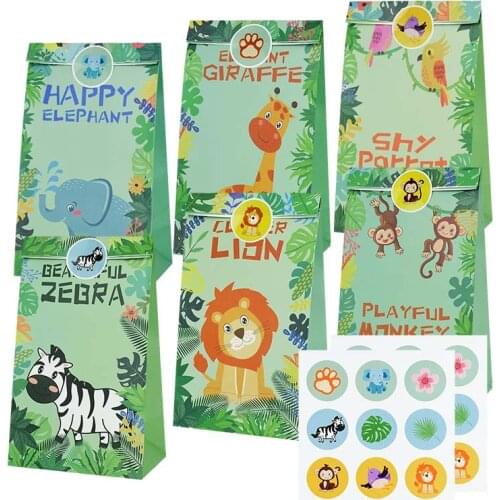 8.9 inch Jungle Animal Theme Gift Bags Cartoon Safari Zoo Paper Bags for Birthday Party Decorations Kids Favors Candy Packaging