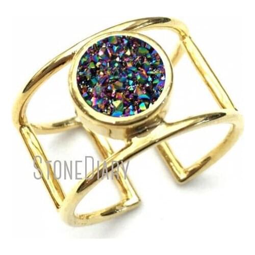 RM12701 Copper Ring Double Wrapped Rainbow Aura Druzy Crystal Gold Color Circle Ring For Less Adjustable