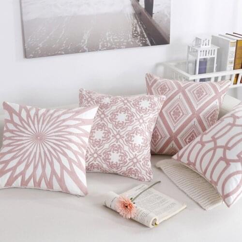 Pink Geometric Embroidery Cushion Cover Cotton Canvas Crochet Pillowcase Sofa Bedside Car Decoration Cushion Cute Pillows