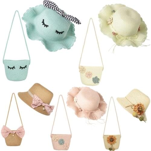 Children Summer Sun Hat 54CM Girls Kids Beach Hats Bags Flower Straw Hat Cap Tote Handbag Bag Suit