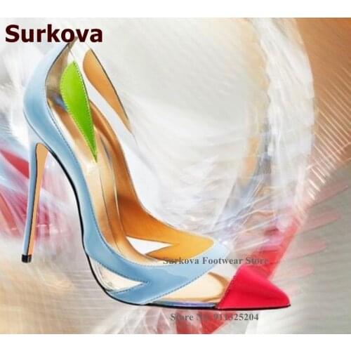Surkova Fuchsia Pink Pointed Toe 12cm Bridal Shoes Sky Blue Patent Leather PVC Patchwork Dress Pumps Bling Bling Sequined Heels