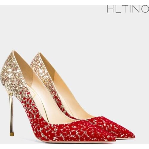 New Bling Bride Wedding Shoes Red Gold Women Dress Heels Sexy High Heeled Pumps for Ladies Xmas Gifts Formal Party Shoes