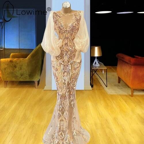 Arabic Style Champagne Muslim Long Sleeves Mermaid Evening Dresses 2021 Sexy Illusion Middle East Prom Party Gowns Vestidos