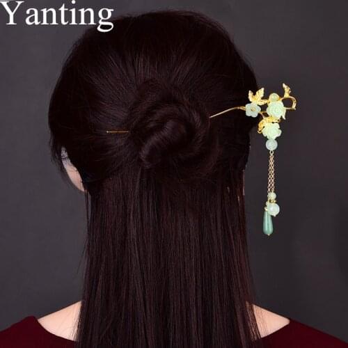 Yanting Luxury Hair Stick Glass Glazed Flower aventurine Water Drop Handmade Ethnic Hair Ornaments Bridal Head Jewelry 0142