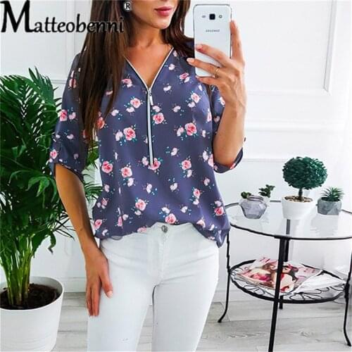 2021 Women Summer Flower Print T-Shirts V-Neck Zipper Half Sleeve Tee Shirts Casual Loose Oversized Street T-Shirt Top Plus Size