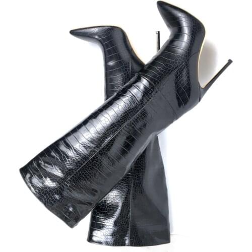 Women Shoes Pointed Toe High Heels Knee High Boots Pull On Crocodile Pattern Winter Autumn Fashion Female Footwear