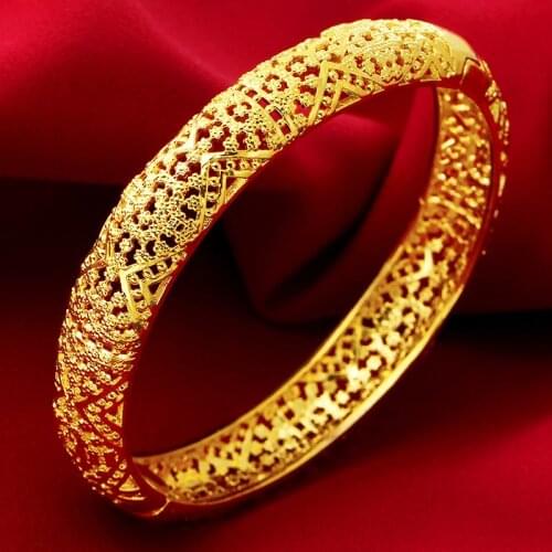Pure Gold Color Bangle Bracelet for Women Wedding Bridal Jewelry Round Bangles Pulseira Femme Wristband Accessories Gifts Bijoux