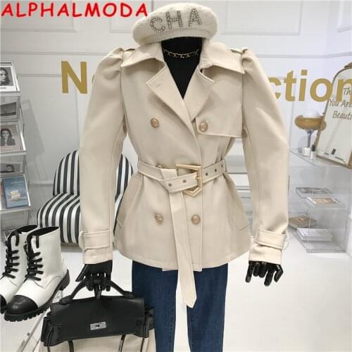 ALPHALMODA British Style Popular Loose Trench Coat Womens 2020 Autumn Puff Sleeve Belted Double Breasted Fashion Jacket Outfit