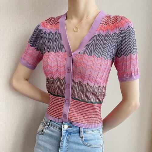 2020 summer women designer color block wave striped knit sweaters short sleeve v-neck single breasted top cardigan JC453
