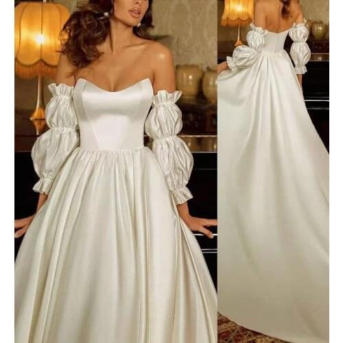 Long Sleeve Satin A-Line Sexy Wedding Dresses with Pockets Custom Pleated Floor Length Zipper Sleeveless Bridal Gowns for Women