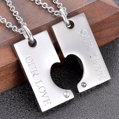 2pcs/lot Stainless Steel Heart Couple Necklace For Men Women Rectangular Tag Puzzle Pendant Jewelry