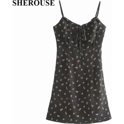 2021 Women Fashion With Tie Printed Side Zipper Mini Dress Thin Straps V-Neck Vintage Female Dresses Woman Robe femme