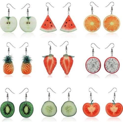 Acrylic Cute Fruit Ladies Earrings Orange Strawberry Pineapple Cucumber Tomato Kiwi Fruit Pendant Earrings Gift Jewelry