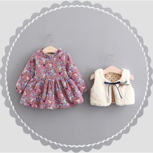Flower Winter Dresses for Children Long Sleever Gift Dress with Furry Vest 2021 New Baby Flower Dresses Set