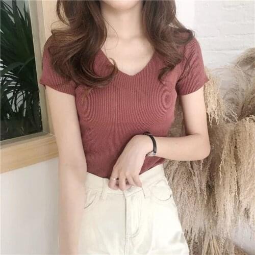 Short Sleeve Tshirts Women V Neck Solid Trendy Female Basic Tees Summer Korean Style All-match Students Knitting Casual Simple