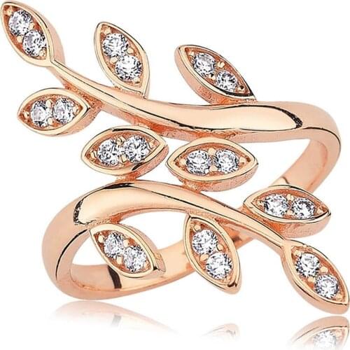 Valori Jewels Swirling Leaf, Zirconia White Gemstone, Rose Gold Plated, Sterling Silver Ring