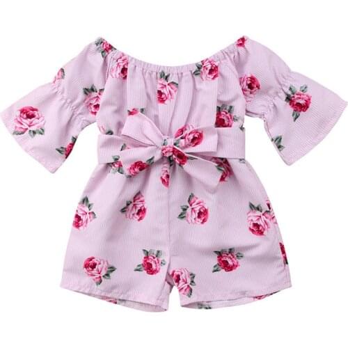 Summer Princess Baby Girls Floral Romper Off shoulder Flare Sleeve Loose Bow Striped Jumpsuit Playsuit Sunsuit Overalls Clothes