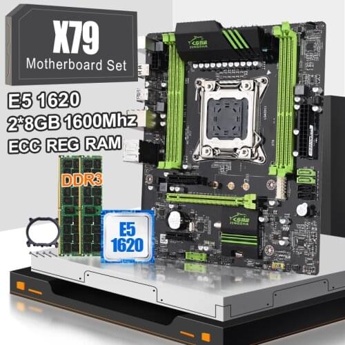 JNGSHA X79 Motherboard Set LGA 2011 With Xeon E5 1620 3.6GHz Quad-Core Eight-Thread CPU 2PCs x 8GB=16GB 1600 DDR3 ECC REG Memory