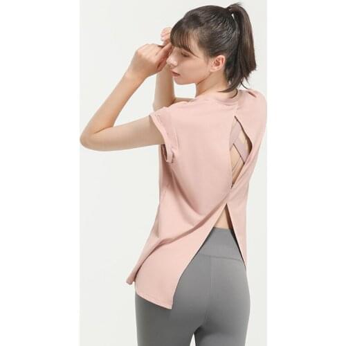 Summer Thin Backless Sport Tops Fitness Women Loose Running Shirt Hollow Bandage Short Sleeve Yoga Tees Gym Workout Top