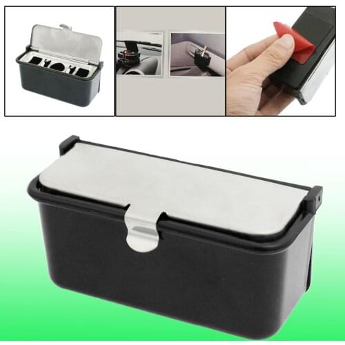 Metal Lid Smokeless Adhesive Car Cigarette Ashtray Holder Black Silver Tone Stowing Tidying Case