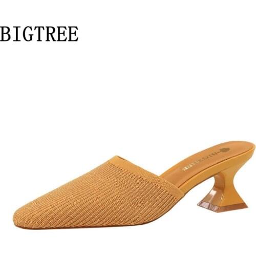 Bigtree Mules Woman Shoes 2021 Luxury Brand Square Toe Pumps Talons Hauts High Heels Slippers Designer Shoes Chaussure Femme