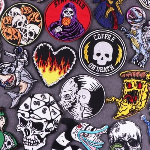 Skull Embroideried Patches For Clothing DIY Stickers Iron On Patches On Clothes Punk Dinosaur Patch Stripe Badges Custom Patch