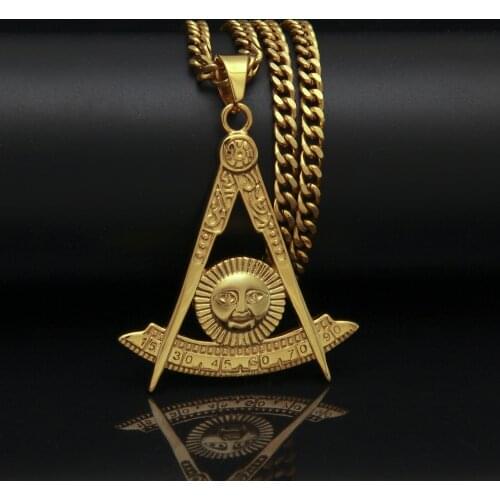 New Design Gold Color Stainless Steel Masonic Pendants Necklace for Men Hip Hop Jewelry with 5*700mm Cuban chain