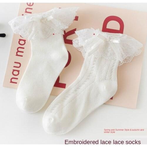 2020 Autumn Winter Embroidered Mesh Lace Baby Socks For Girls White Princess Socks Lolita Bow Cotton Kids Socks