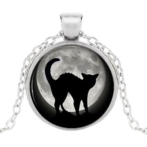 Black Cat with Moon Photo Pendant Necklace for Women Men Gifts Glass Cabochon Necklaces Gothic Fashion Accessories Wholesale