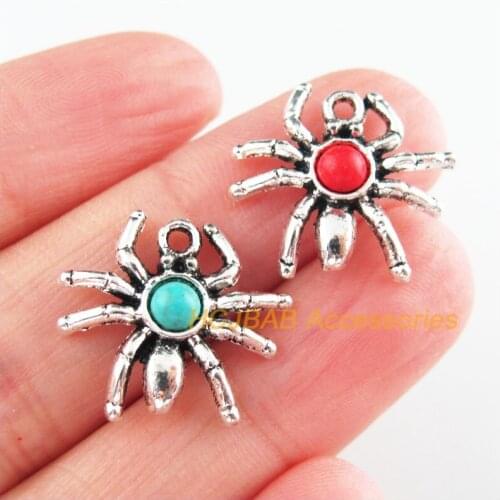 20Pcs Tibetan Silver Tone Animal Red & Blue Stone Spider Charms Pendants 17x19mm