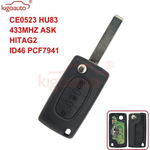 Kigoauto CE0523 Flip remote car key 3 button middle light HU83 434Mhz for Citroen ID46 - PCF7941 ASK