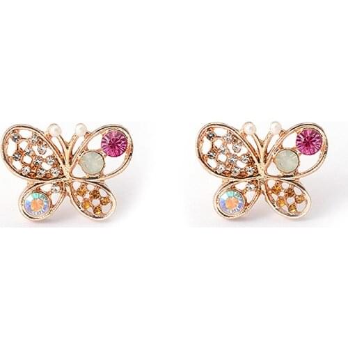 12 Pair Colorful Crystal Simulated Pearl Butterfly Stud Earrings Cubic Zircon Rhinestone Gold Color Hollow Jewelry Women Earring