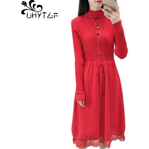 UHYTGF Knitted Autumn Winter Sweater Dress Women Fashion Lace Stitching Elegant Female Base Skirt Pullover Slim Long Clothes1903