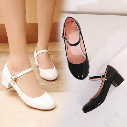 YQBTDL Summer Concise Black White Pu Patent Leather Block Chunky Heels Student Princess Dress Show Mary Jane Shoes Pumps Women