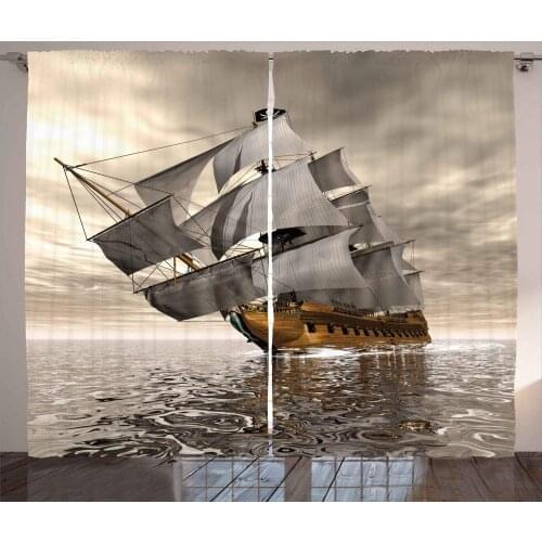 Ocean Curtains 3D Style Pirate Ship Sea Historic Vessel Cloudy Sky Voyage Exploration Theme Living Room Bedroom Window Curtain