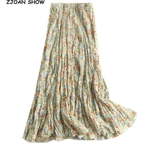2020 New BOHO Green Floral print Rayon Wrinkle Long Skirt Holiday Women Elastic High Waist Ruched pleated Swing Skirts Beach