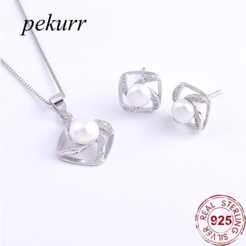 Pekurr 925 Sterling Silver Zircon Square Frame Freshwater Natural Pearl Earrings Necklace Sets For Women Geometry Pendants Set