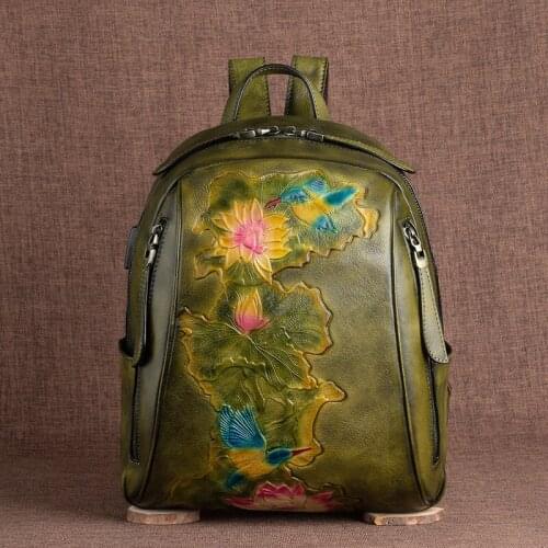 YourSeason 2021 Women Handmade Embossing Vintage Backpack Genuine Leather Female Cowhide Floral Travel Bags