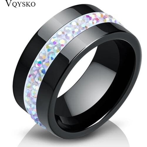 NIBA Women Ring 10mm Wide ABColor Crystal Black White Ceramic Ring For Women Wedding Jewelry Ring